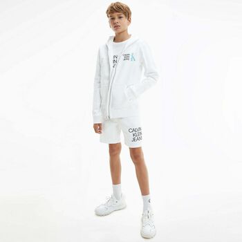 Boys White Logo Zip Up Hooded Top
