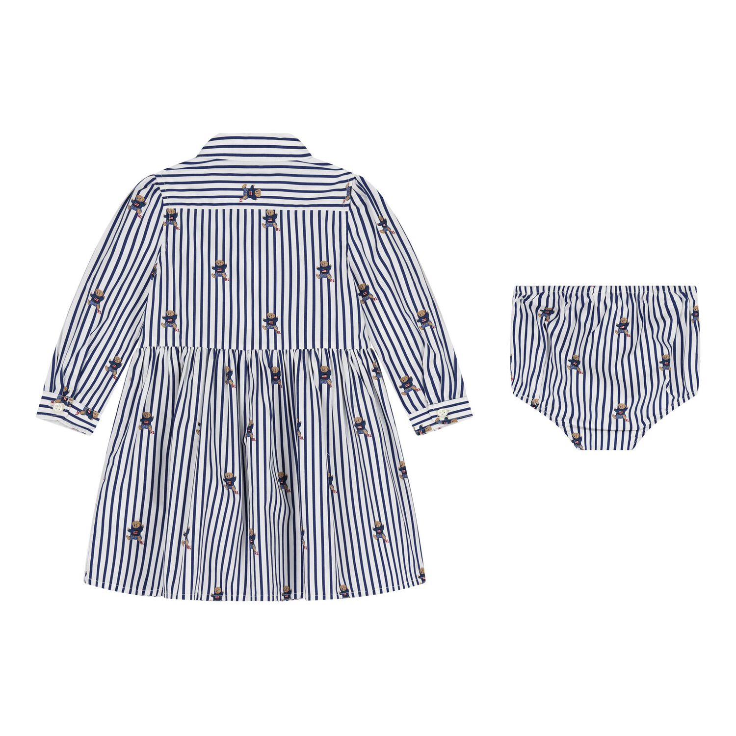 Baby Girls White & Blue Polo Bear Striped Dress Set, 1, hi-res