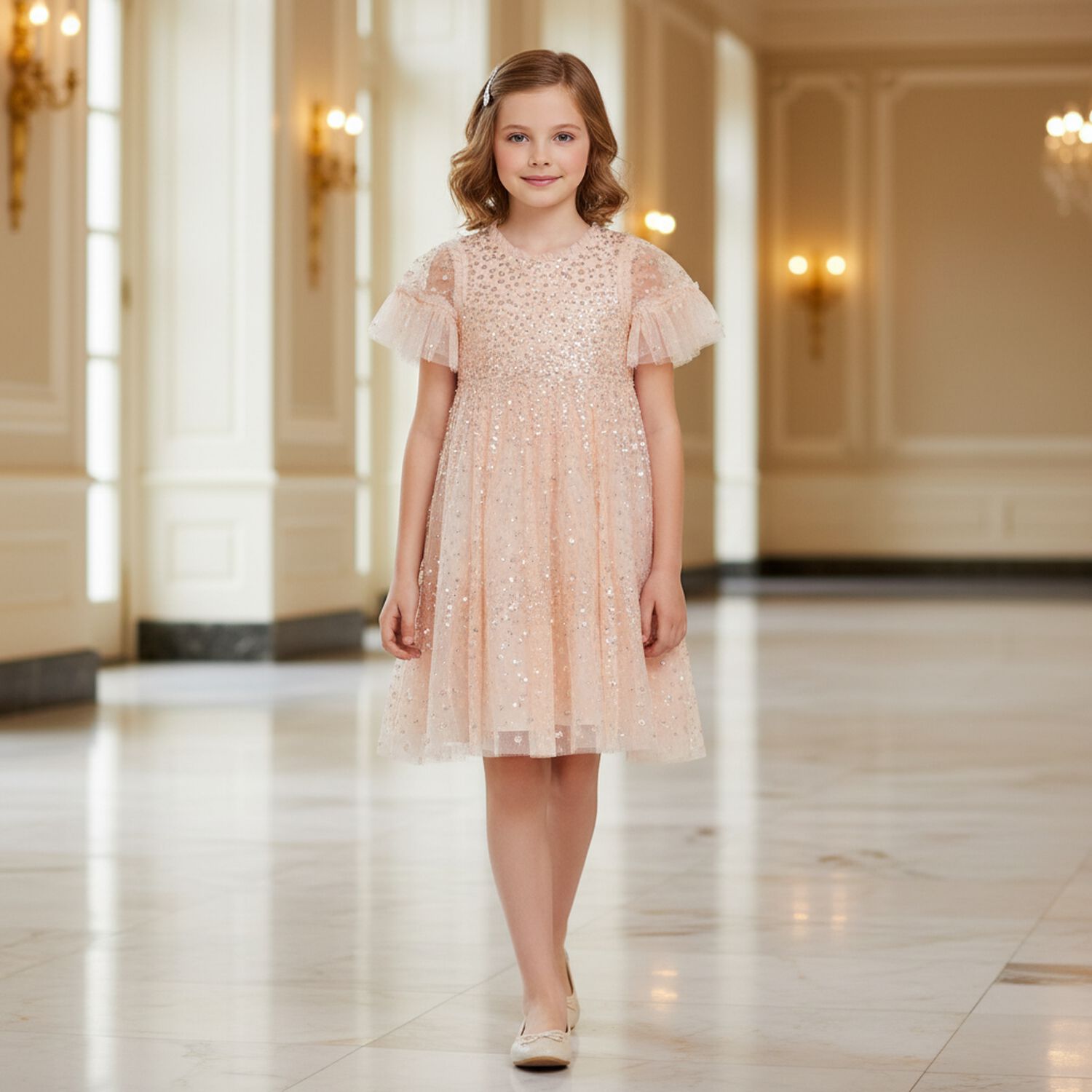 Girls Pink Sequin Tulle Dress, 1, hi-res image number null