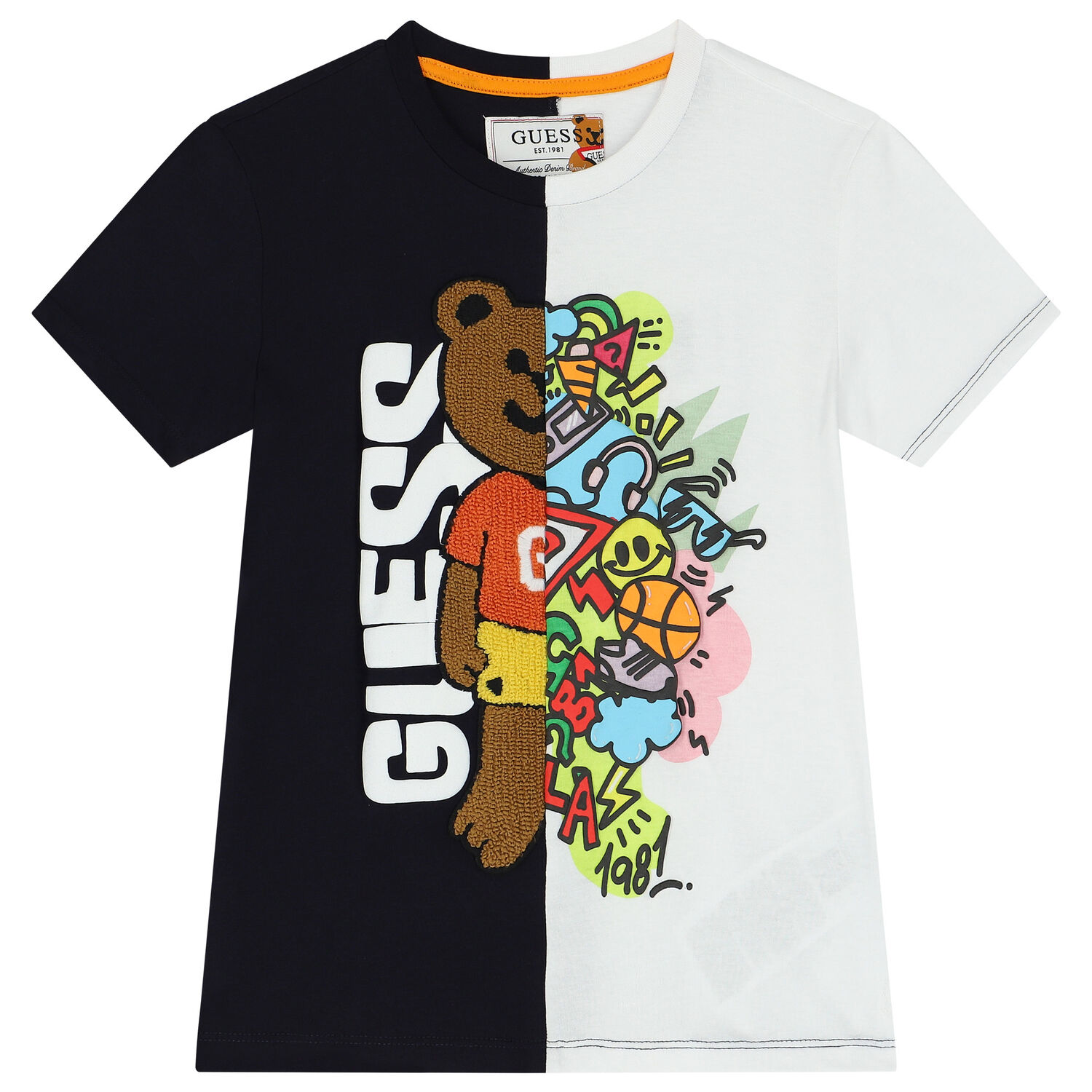 Boys White & Navy Blue Teddy Bear Logo T-Shirt, 1, hi-res