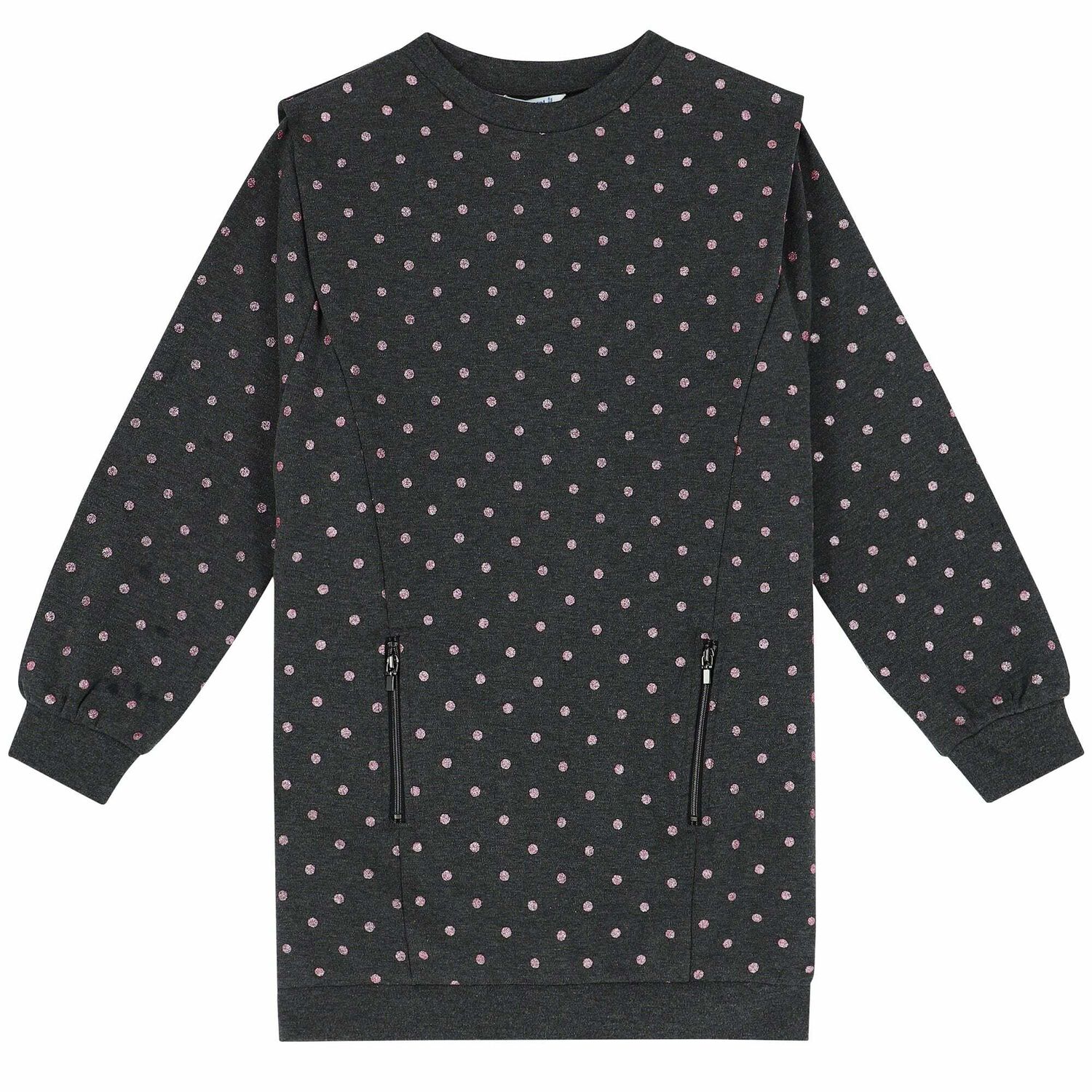 Girls Grey Dots Sweatshirt Dress, 1, hi-res