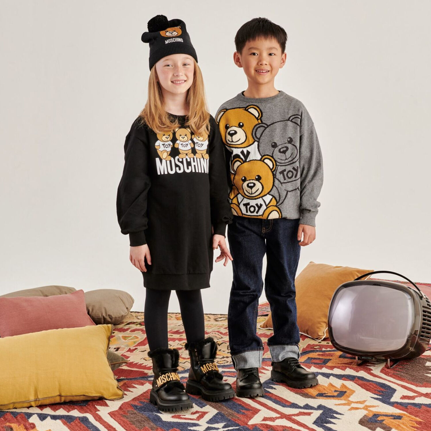 Girls Black Teddy Bear Logo Sweatshirt Dress, 3, hi-res