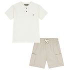 Boys Ivory & Beige Shorts Set, 1, hi-res