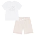 Younger Girls White & Beige Teddy Bear Shorts Set, 1, hi-res