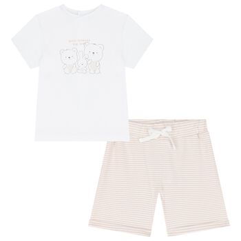 Younger Girls White & Beige Teddy Bear Shorts Set