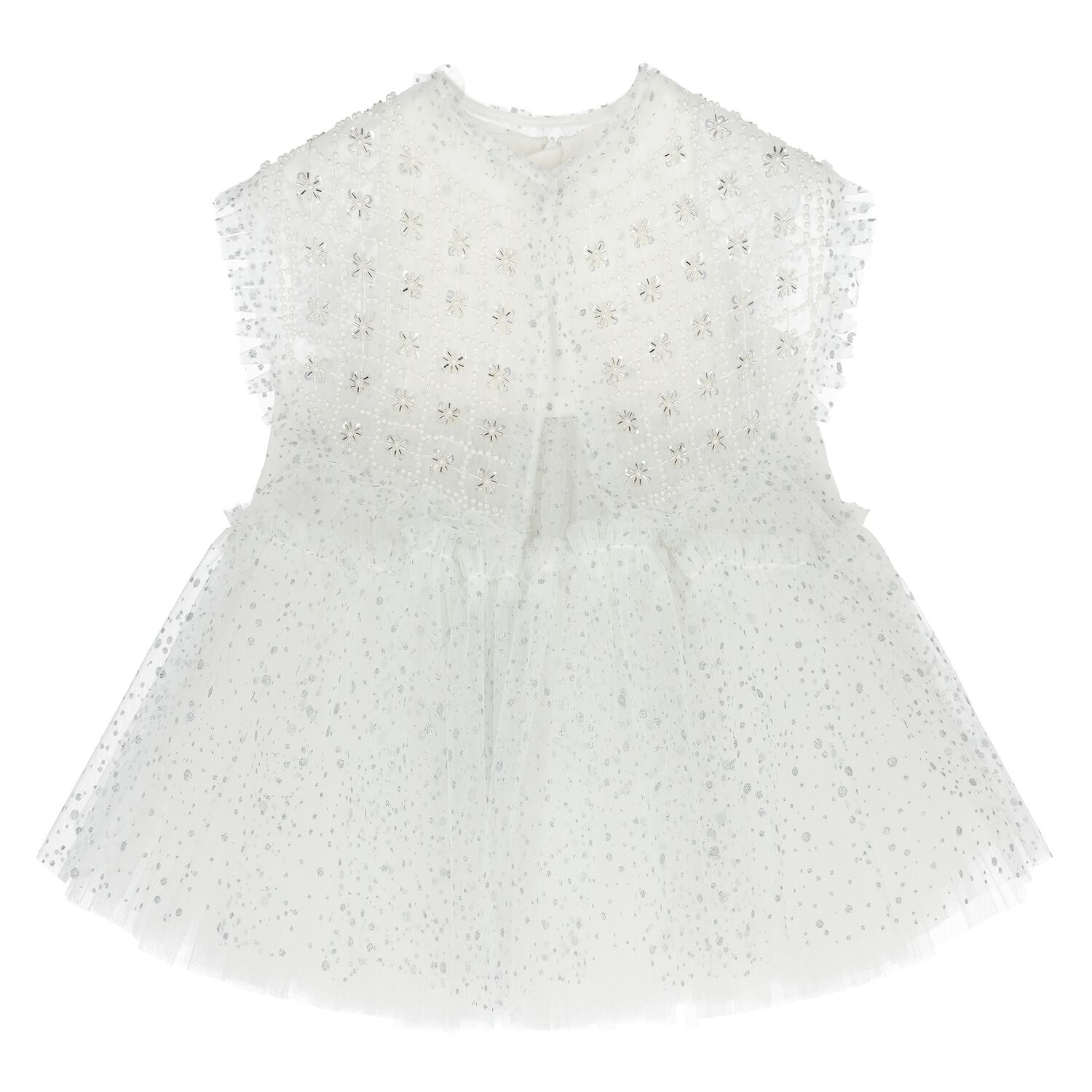 Younger Girls White Embellished Tulle Dress, 1, hi-res