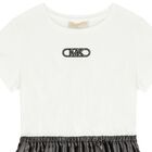 Girls Ivory & Grey Logo Dress, 1, hi-res