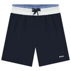 Boys White & Navy Blue Logo Shorts Set, 1, hi-res