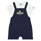 Younger Navy Blue & White Teddy Bear Logo Dungaree Set, 1, hi-res