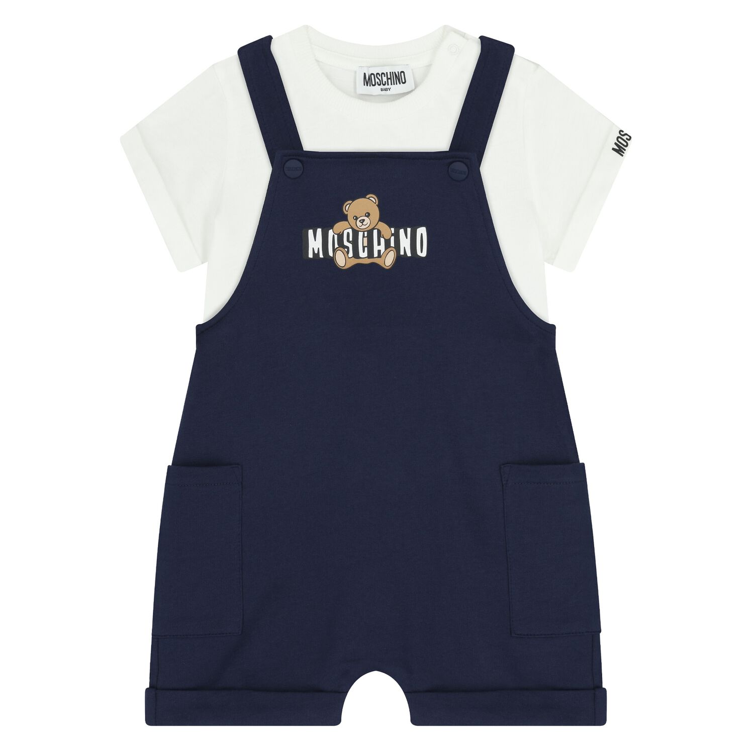 Younger Navy Blue & White Teddy Bear Logo Dungaree Set, 1, hi-res