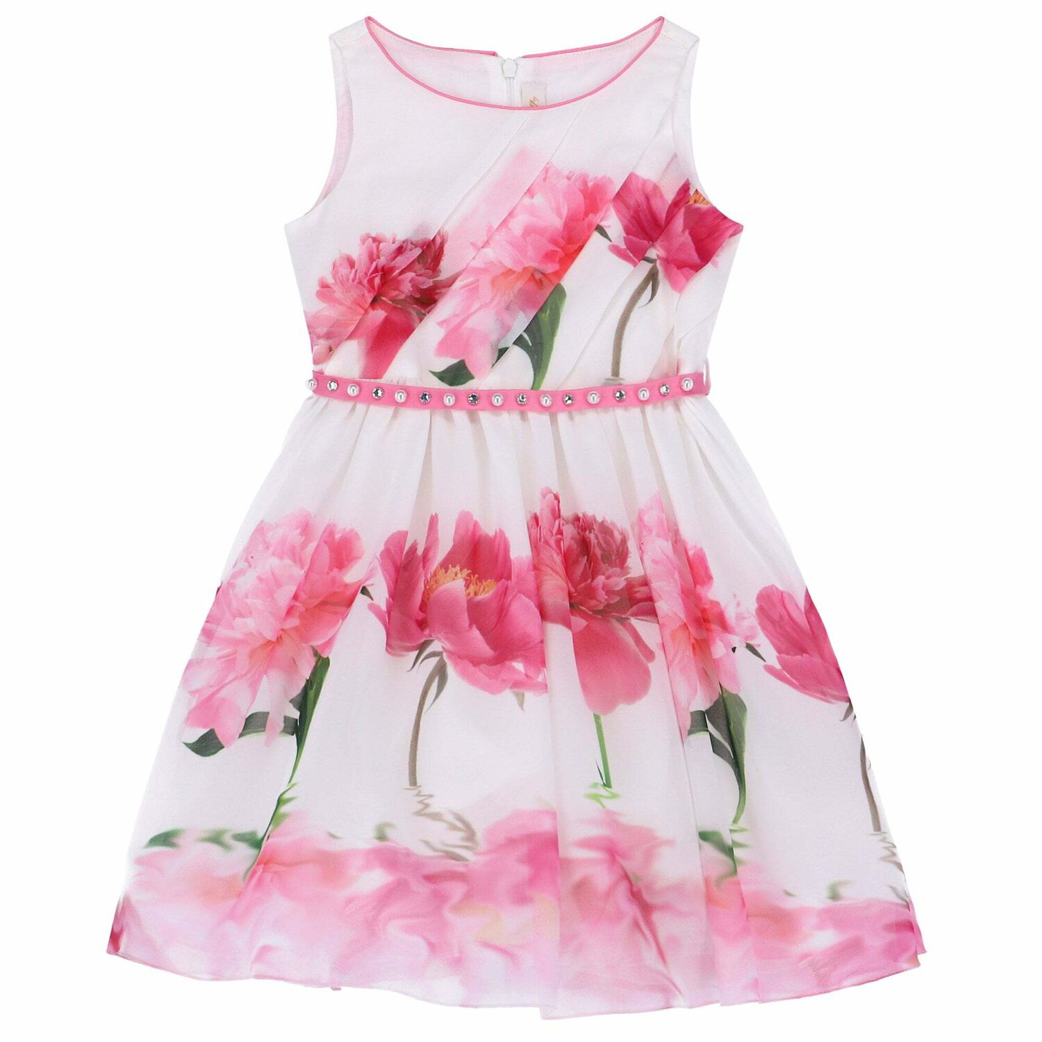 Girls White Floral Print Dress, 1, hi-res
