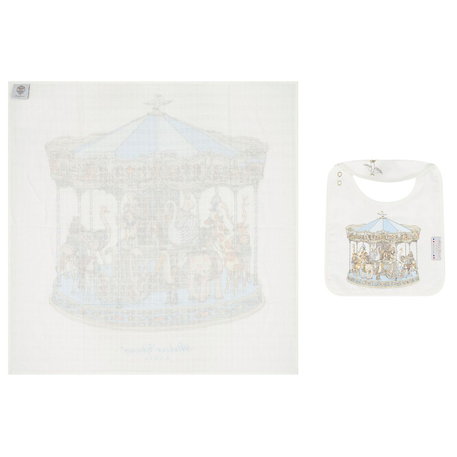 Baby Boys Ivory & Blue Carousel Carr&eacute; Swaddle & Bib Gift Set, 1, hi-res