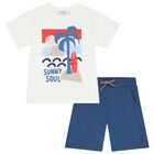 Boys White & Blue Palm Tree Shorts Set, 3, hi-res