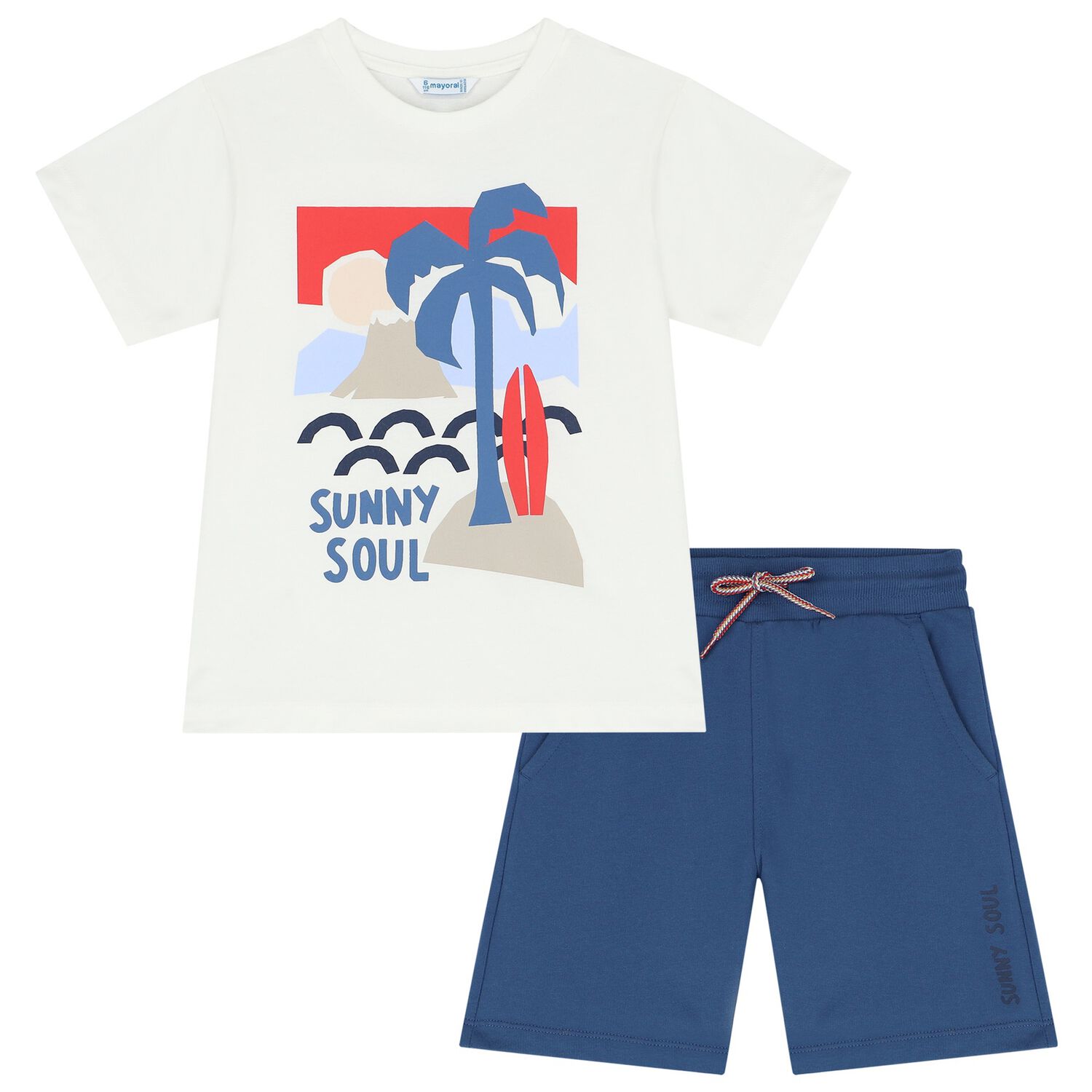 Boys White & Blue Palm Tree Shorts Set, 3, hi-res