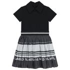 Girls Black & Silver Logo Pleated Dress, 1, hi-res