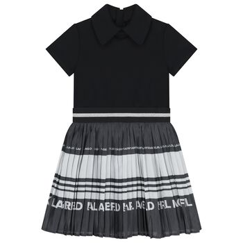 Girls Black & Silver Logo Pleated Dress