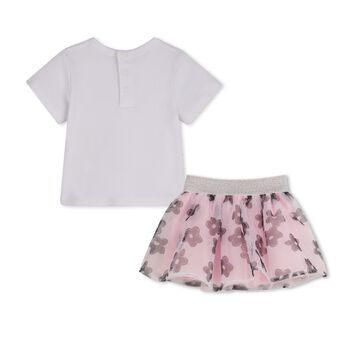 Younger Girls White & Pink Flower Skirt Set