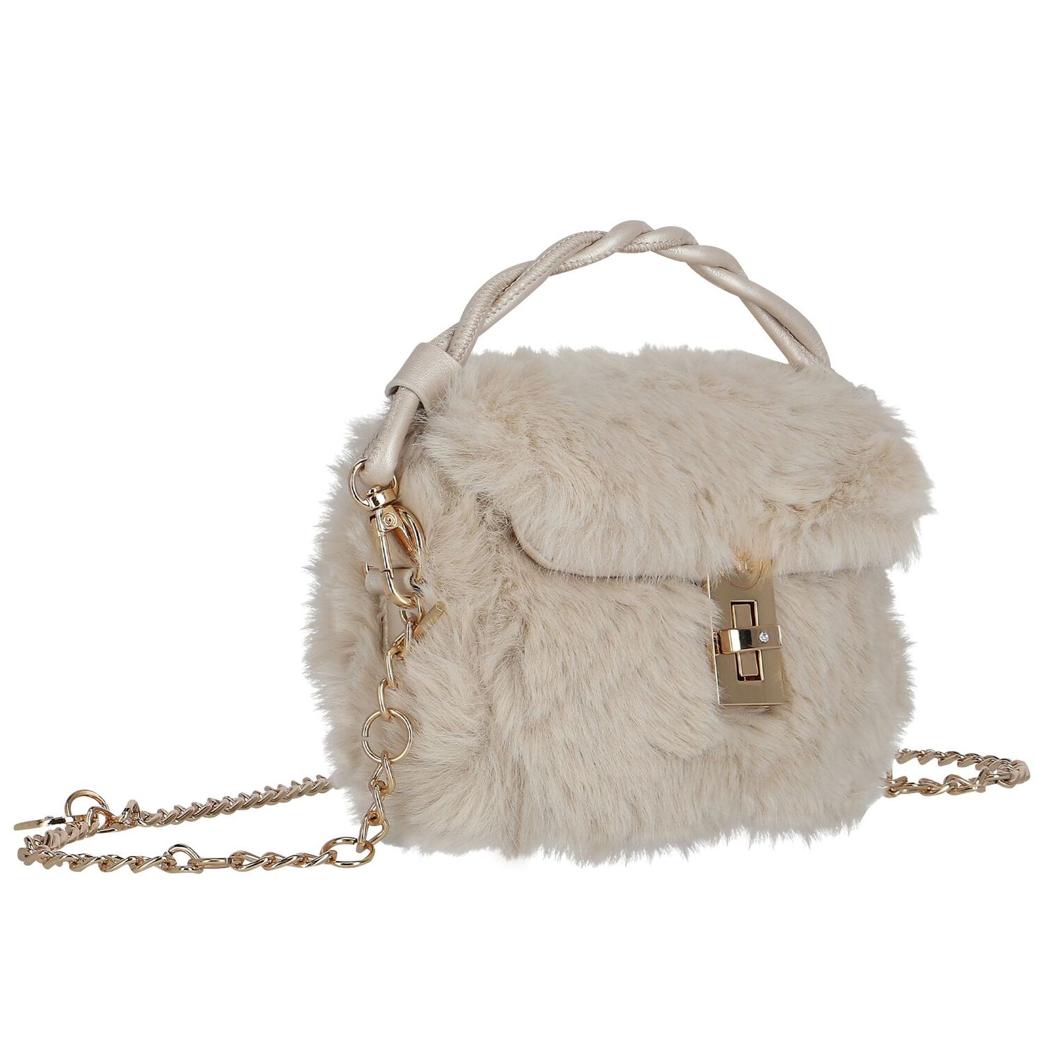 Girls Beige Faux Fur Handbag, 1, hi-res