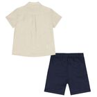 Boys Beige & Navy Blue Striped Shorts Set, 3, hi-res