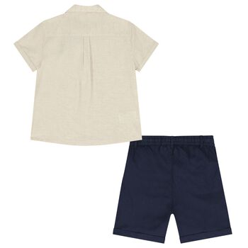 Boys Beige & Navy Blue Striped Shorts Set