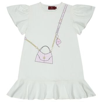 Girls Ivory & Pink Bag Logo Dress
