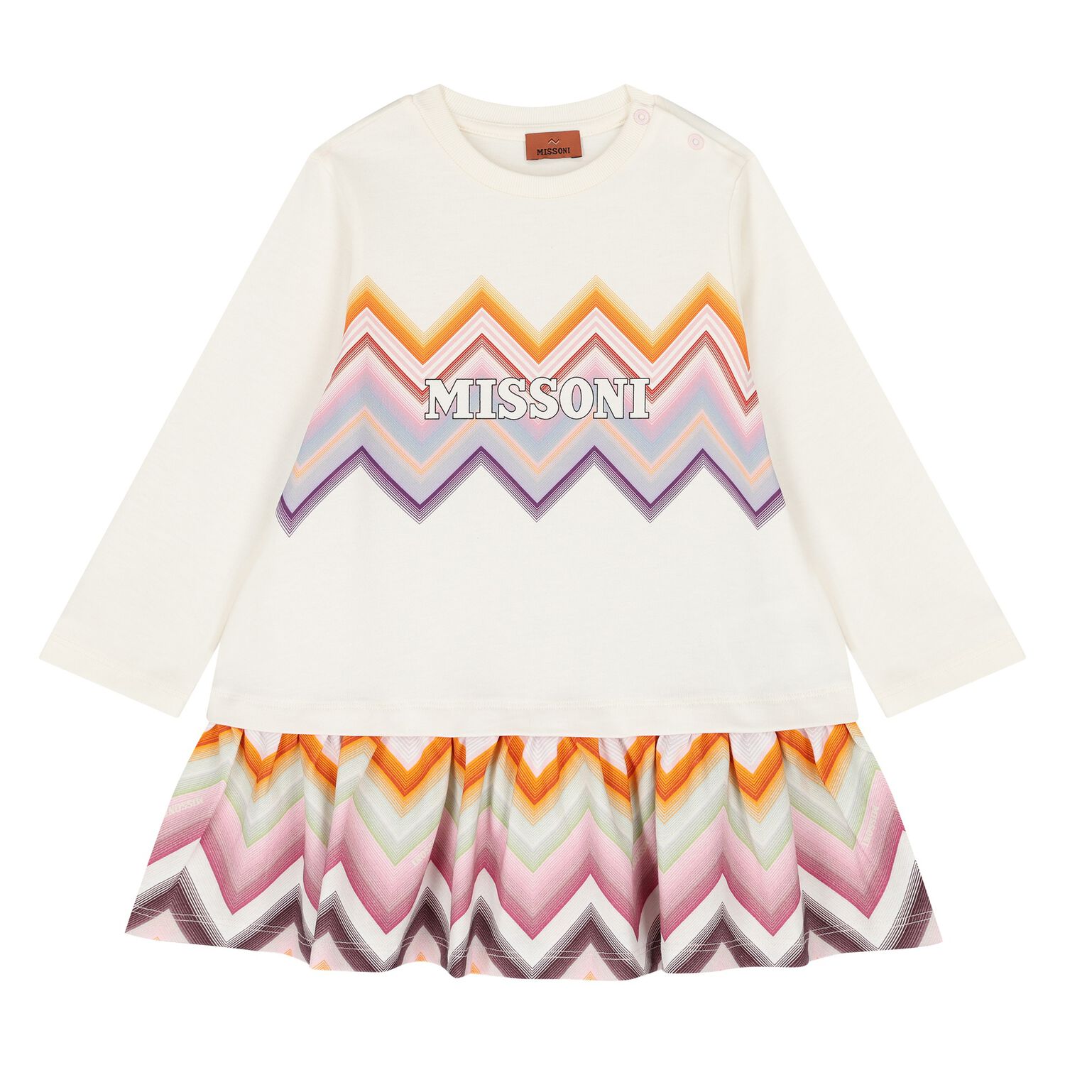 Younger Girls Ivory & Pink Zig Zag Logo Dress, 1, hi-res