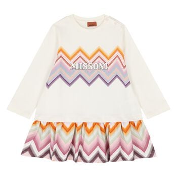 Younger Girls Ivory & Pink Zig Zag Logo Dress