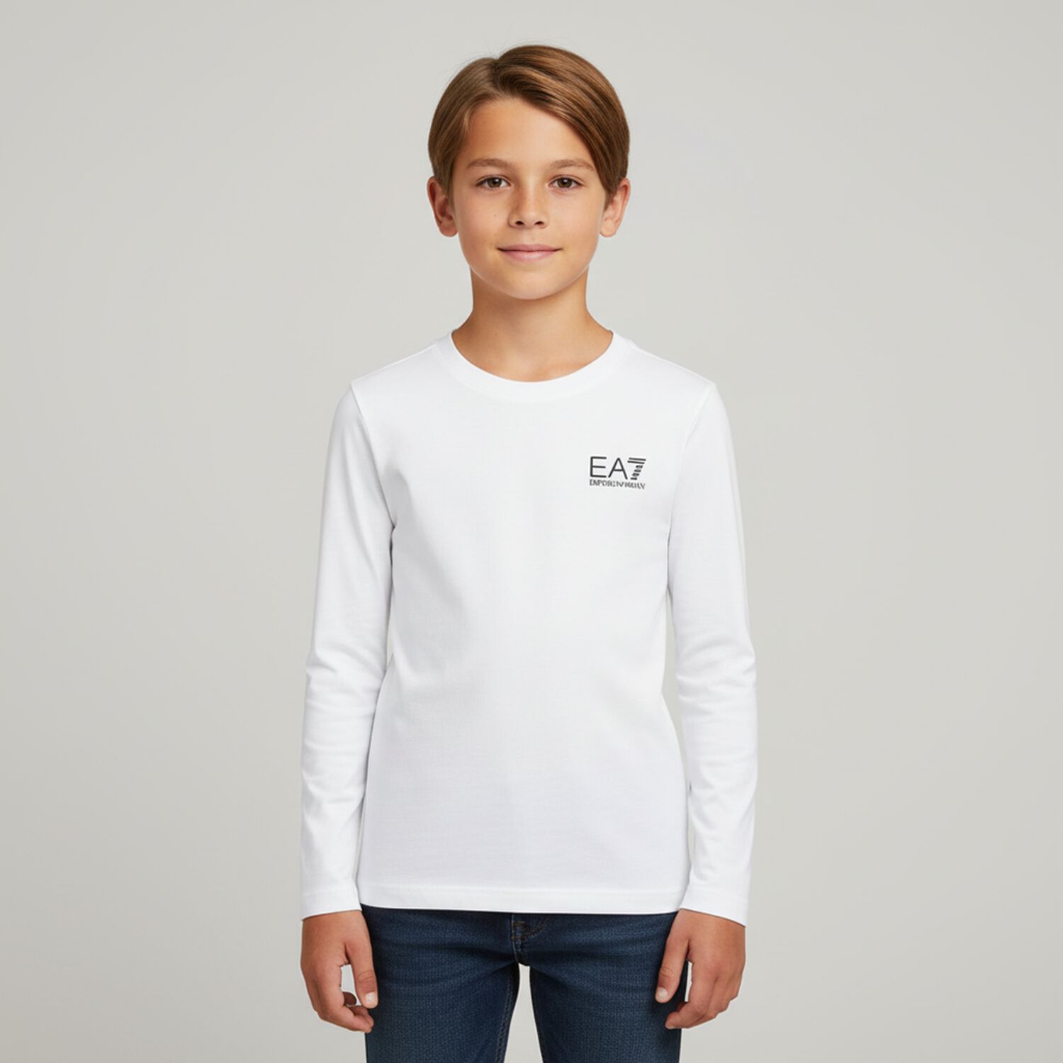Boys White Logo Long Sleeve Top, 1, hi-res