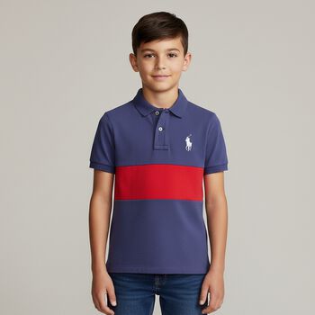 Boys Navy Blue & Red Stripe Big Pony Polo Shirt