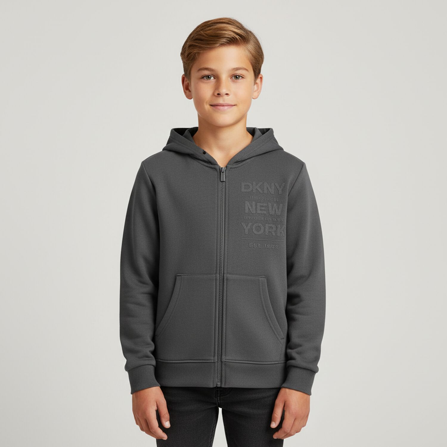 Boys Grey Logo Hooded Zip Up Top, 1, hi-res image number null