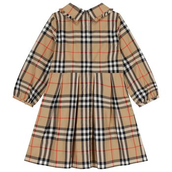 Girls Beige Check Shirred Dress