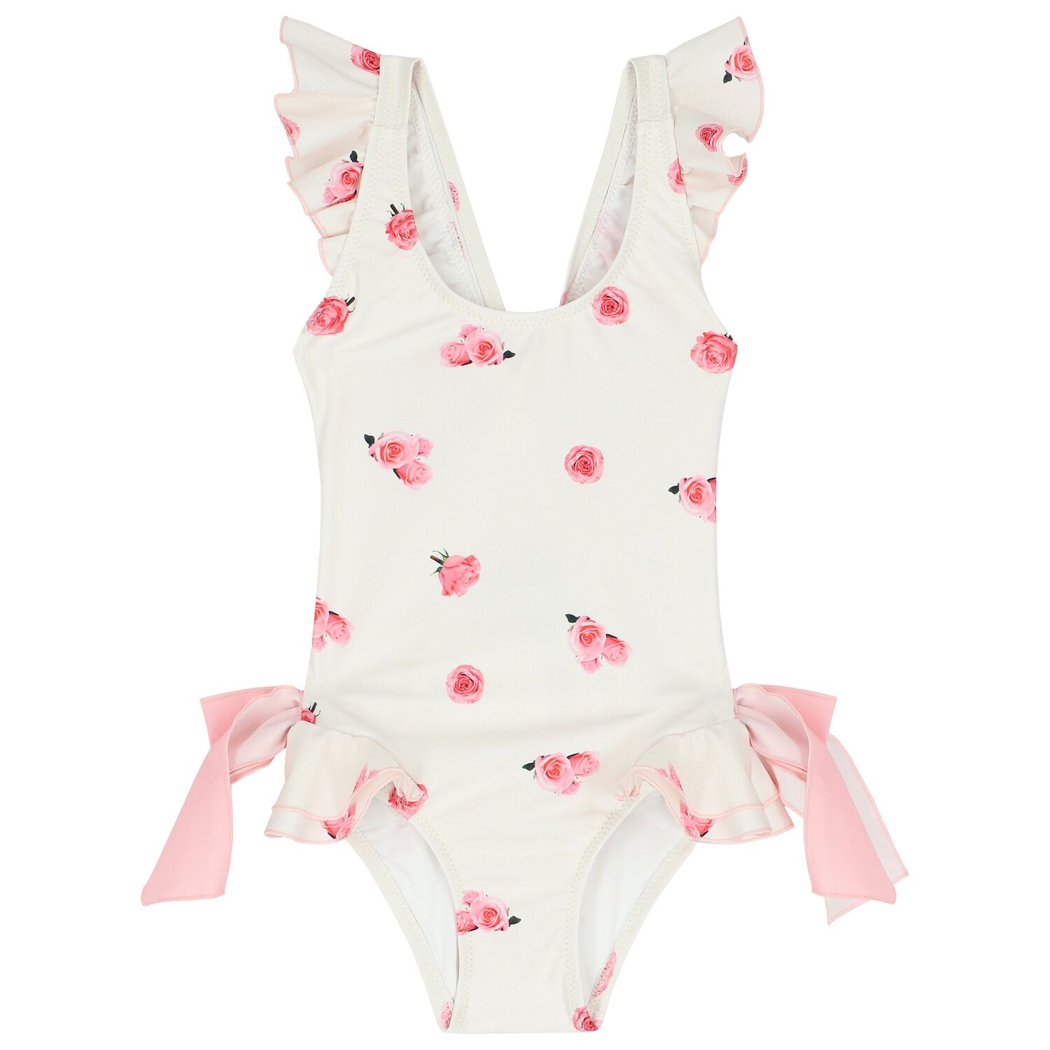 Girls White & Pink Rose Ruffled Swimsuit, 1, hi-res image number null