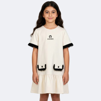 Girls Ivory & Black Logo Dress