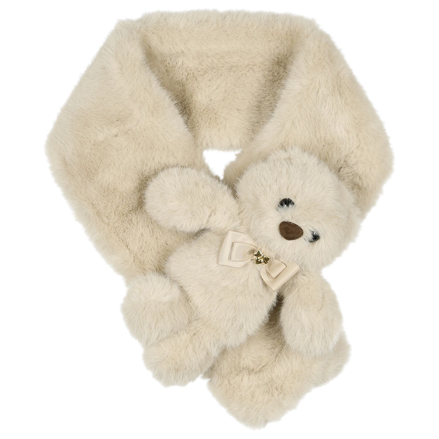 Girls Beige Faux Fur Ted Scarf , 1, hi-res