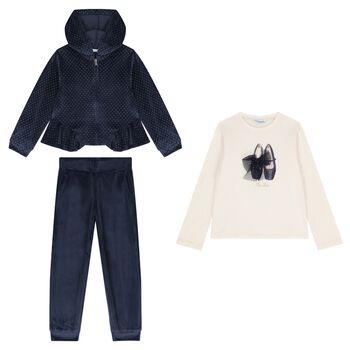 Girls Navy Blue Velour Tracksuit Set  ( 3 Piece )