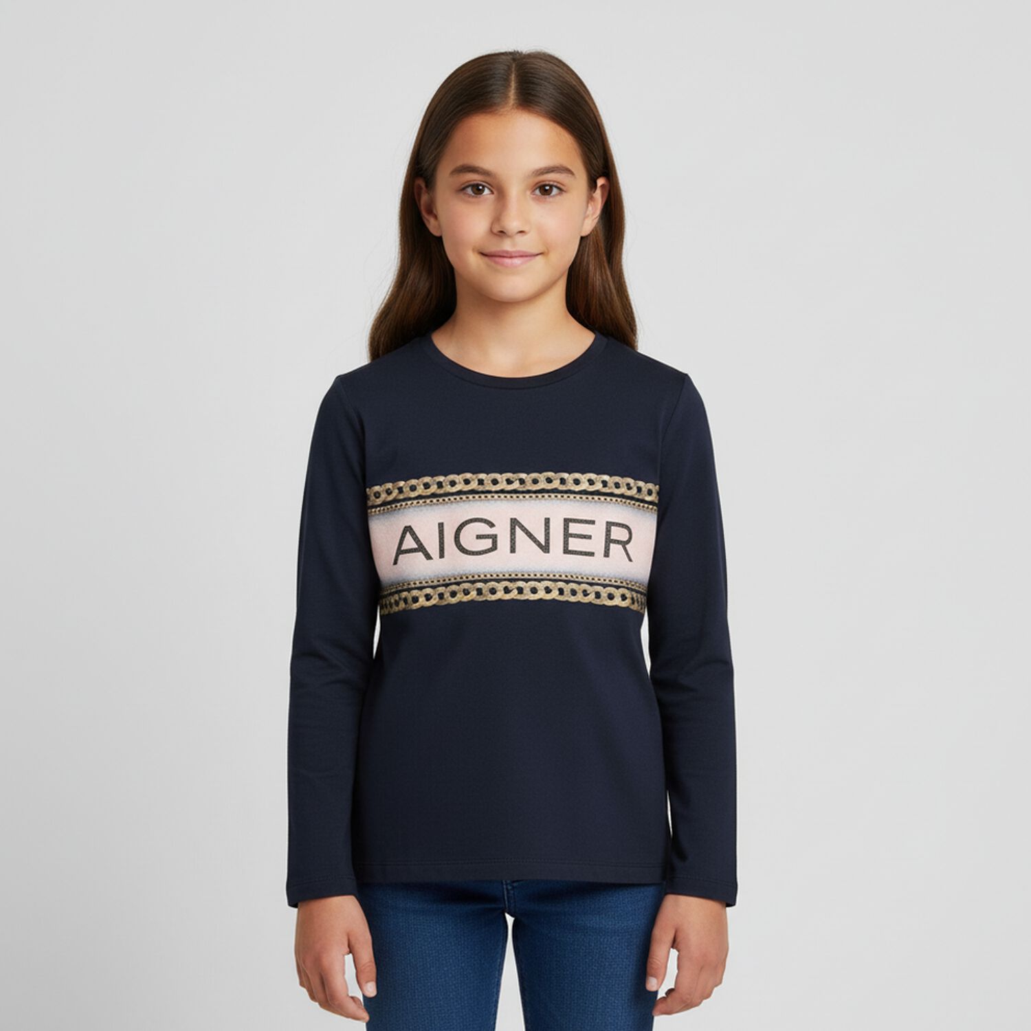 Girls Navy Logo Long Sleeve Top, 2, hi-res image number null
