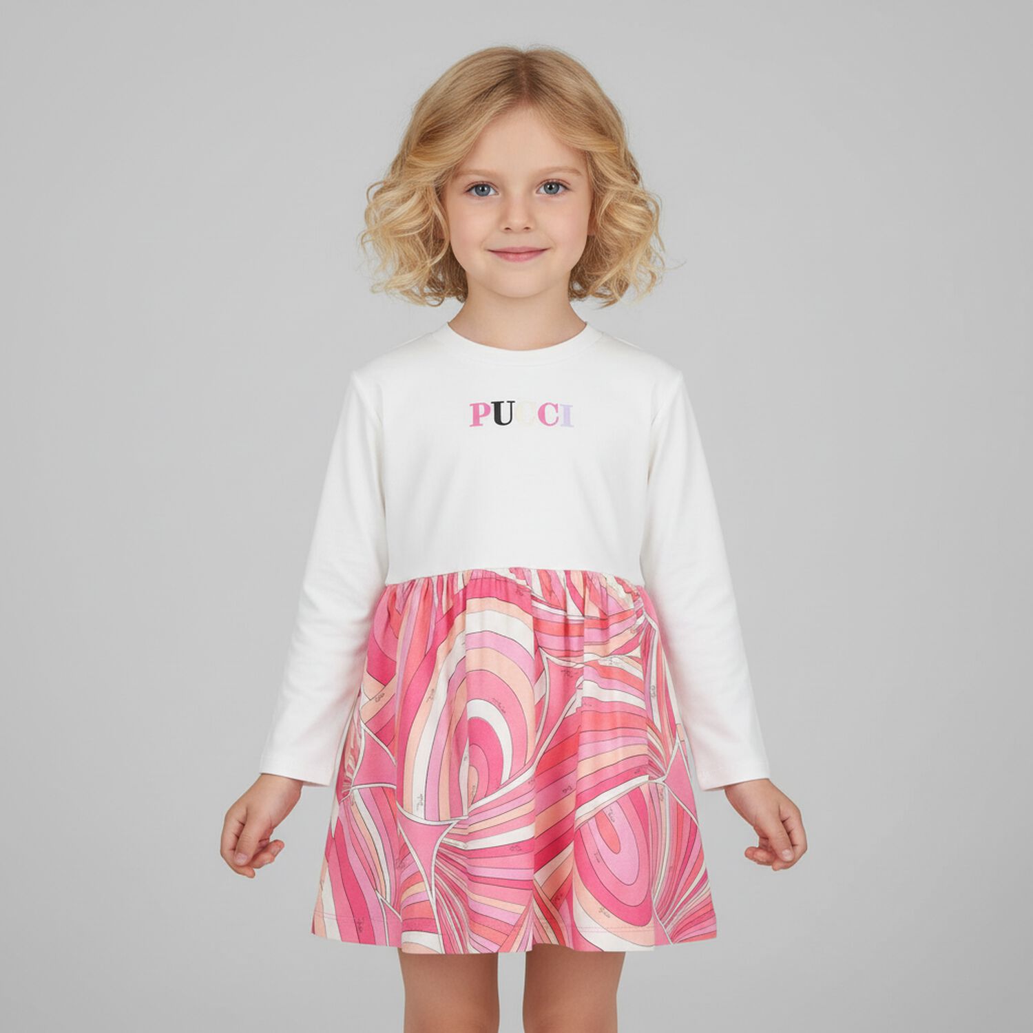 Girls Pink & White Logo Iride Dress, 2, hi-res