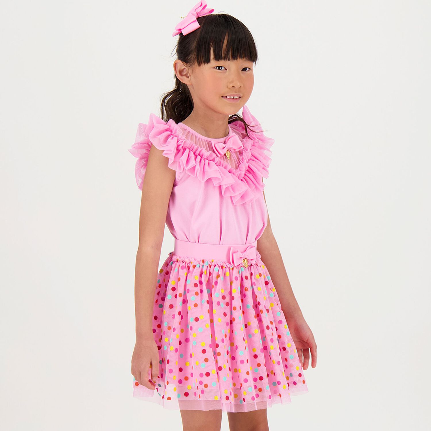 Girls Pink Dot Tulle Skirt, 2, hi-res