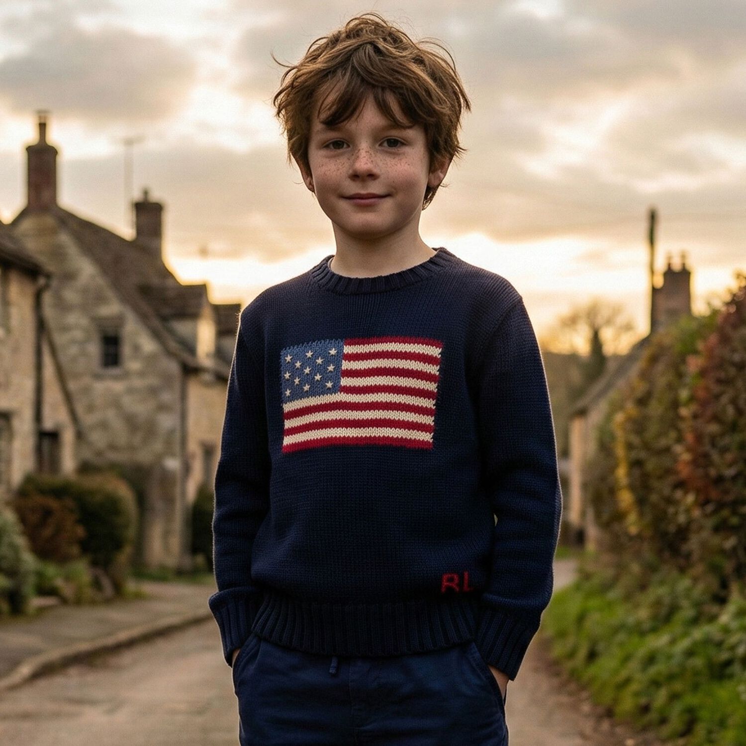 Boys Navy Blue Flag Knitted Sweatshirt, 1, hi-res
