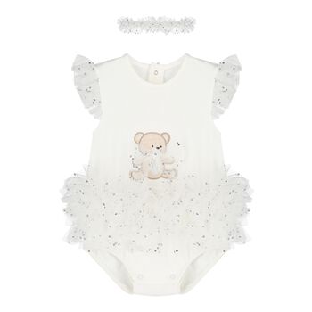 Baby Girls White Teddy Bear Bodysuit Dress Set