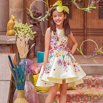 Girls Yellow Floral Satin Dress