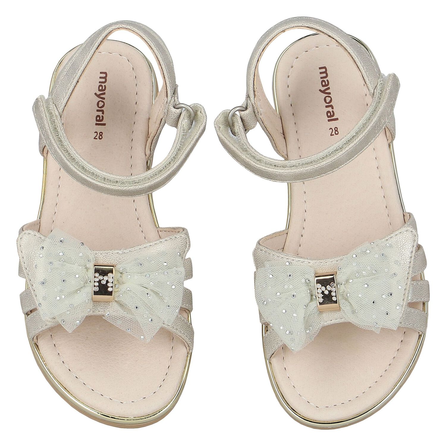 Girls Gold Embellished Bow Sandals, 1, hi-res