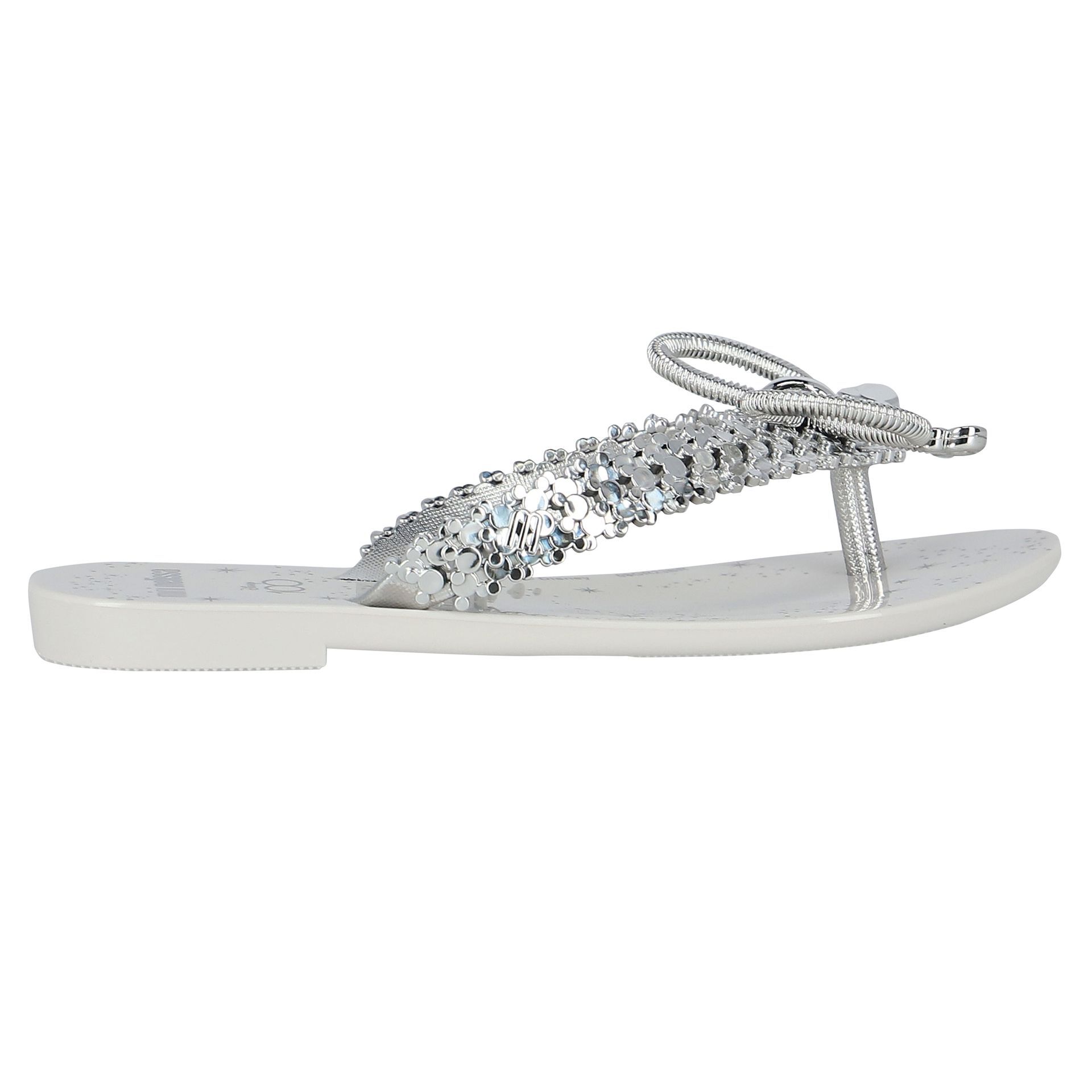 Mini Melissa Girls Ivory Silver Bow Flip Flops Junior Couture UK