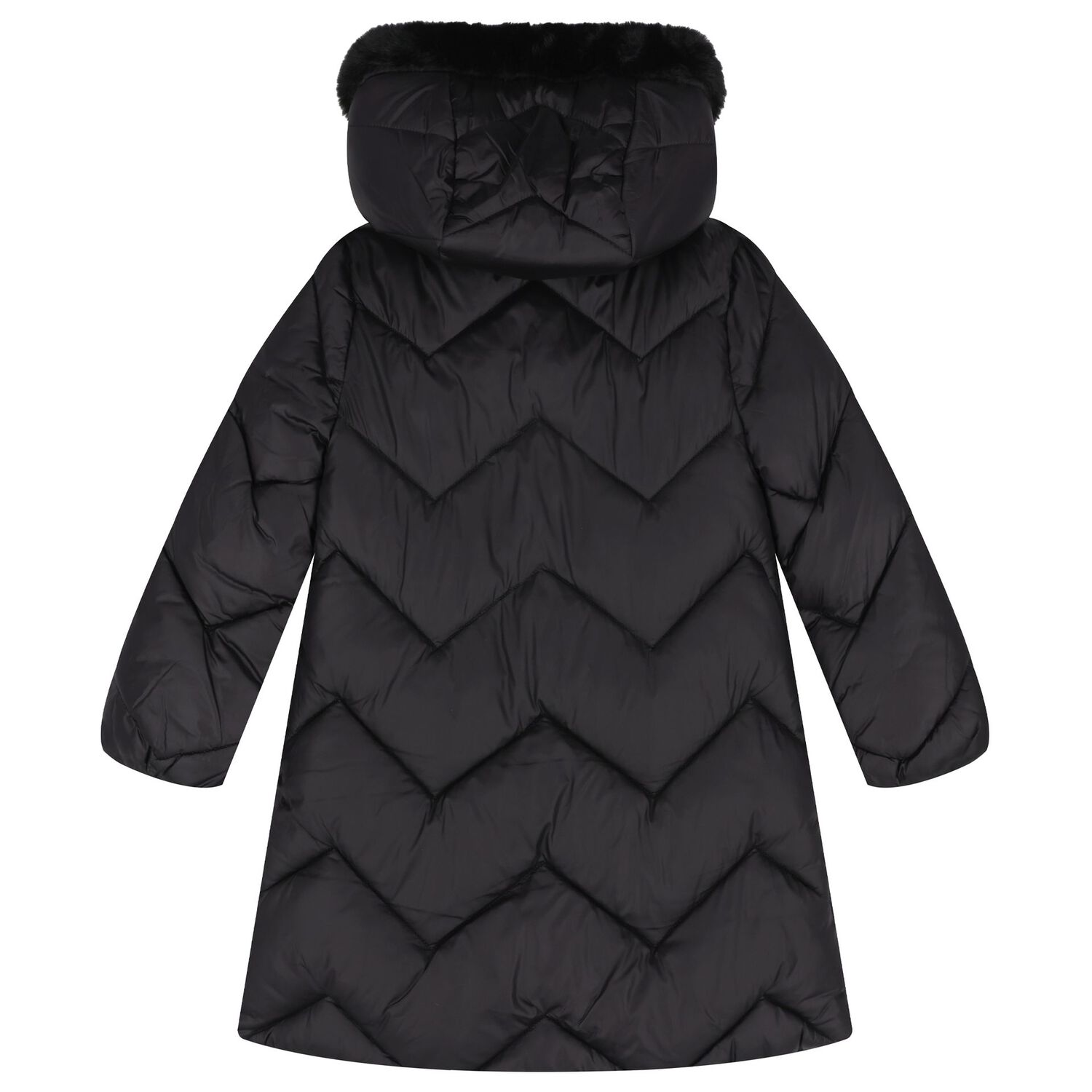 Girls Black Zig Zag Quilted Puffer Coat, 1, hi-res