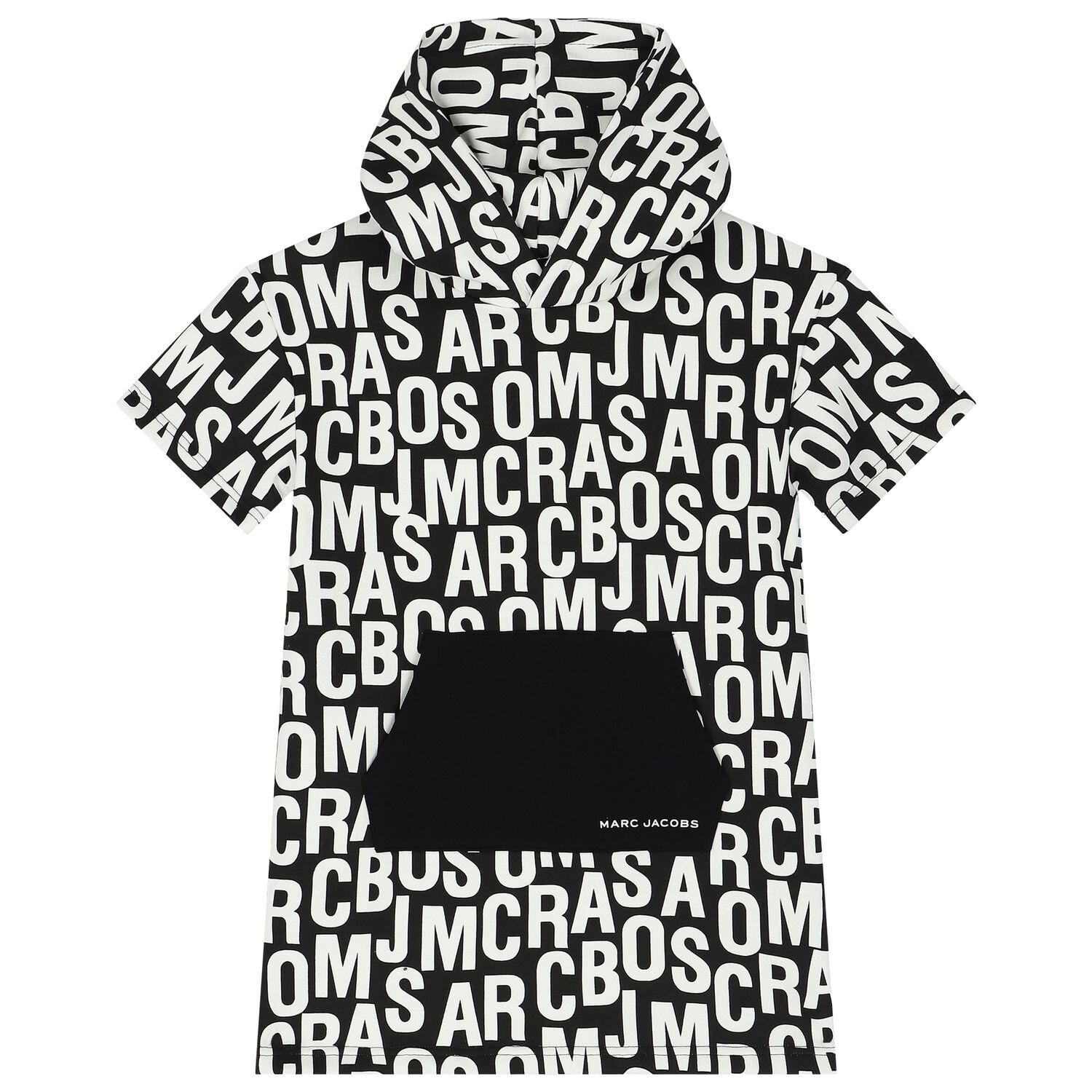 Girls Black & White Logo Hooded Dress, 1, hi-res