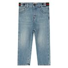 Younger Boys Blue Web Striped Denim Jeans, 1, hi-res