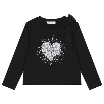 Girls Black Embellished Floral Long Sleeve Top