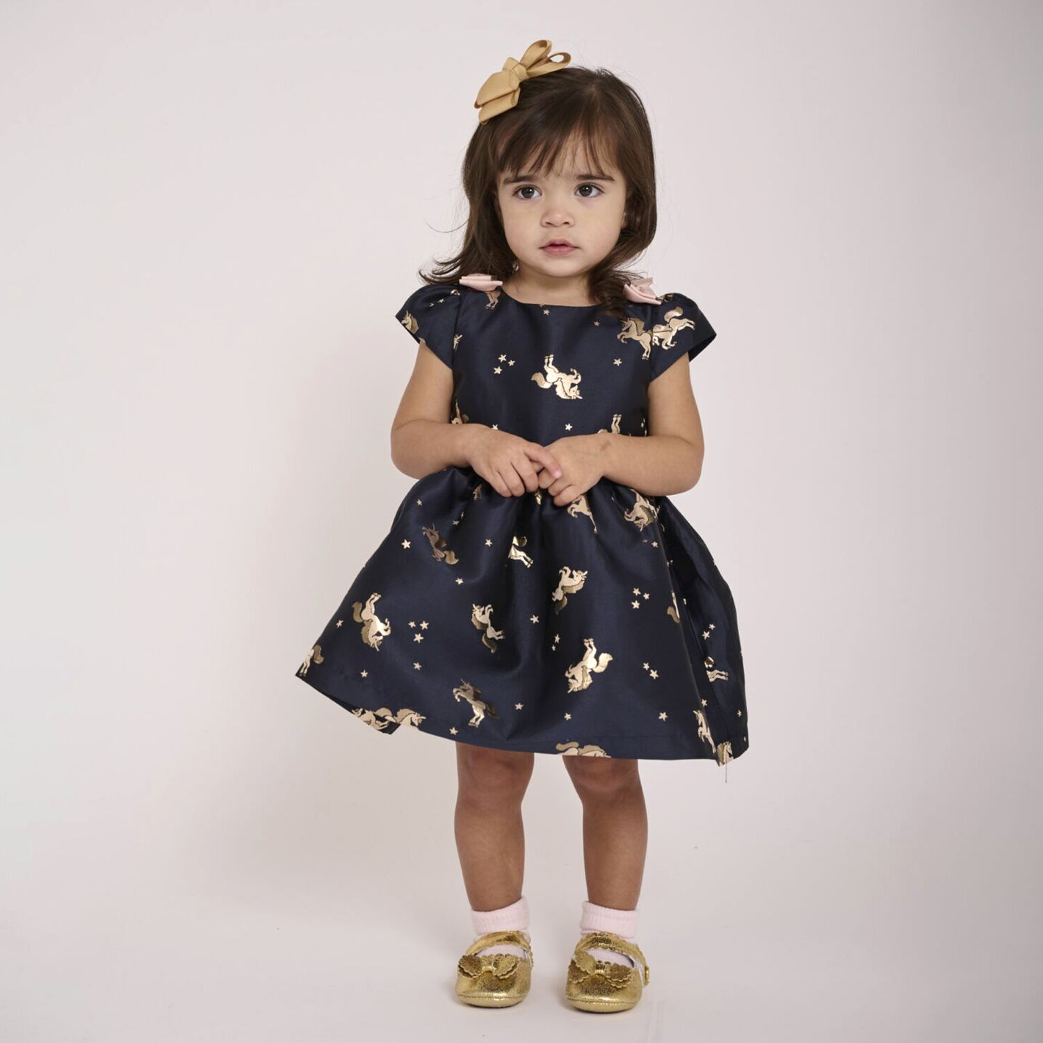 Baby Girls Navy Blue Unicorn Jacquard Dress, 2, hi-res image number null