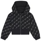 Girls Black Logo Hooded Zip Up Top, 1, hi-res