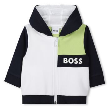 Younger Boys White & Navy Blue Logo Hooded Zip Up Top